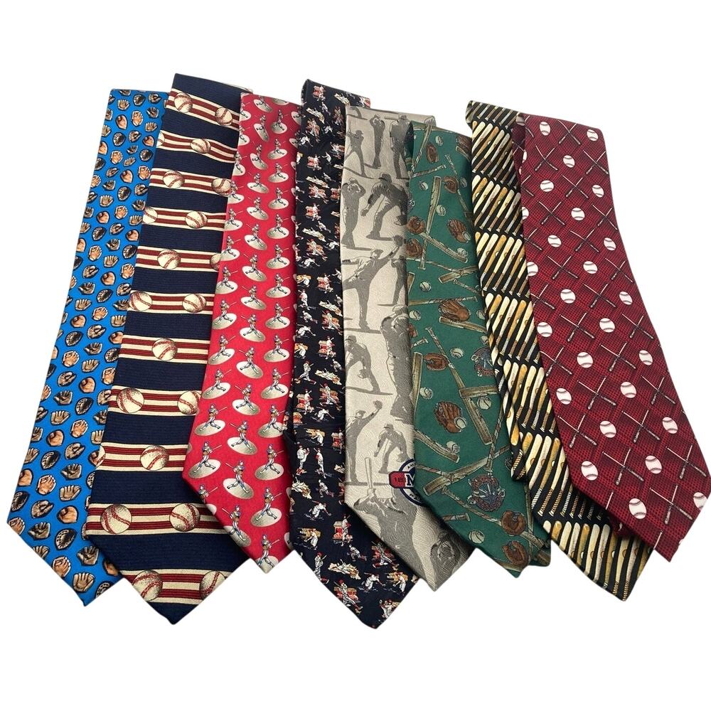 Men's Baseball Themed Ties Lot Bulk  (8)  Mostly Vintage